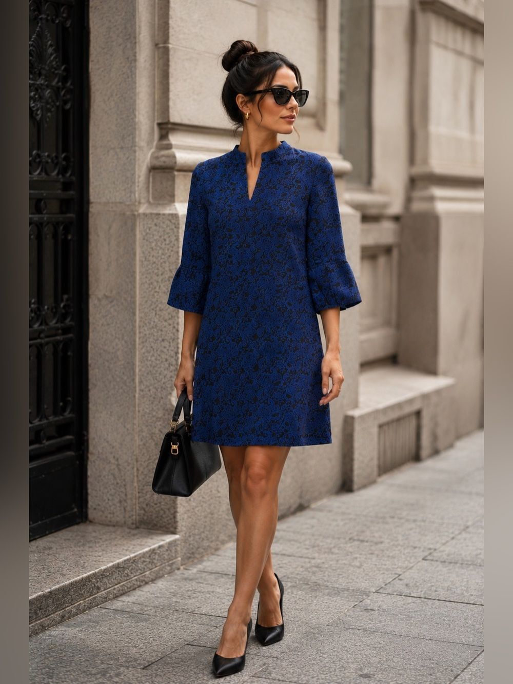 NewYork & Company Stretch Blue Paisley Black Background Back Zip V Neck Dress XL